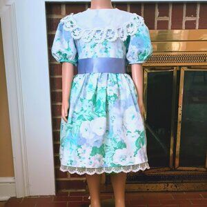 Caitlyn Scott Purple Floral Dress 6X Girls Vtg 80s Crochet Lace Collar Easter